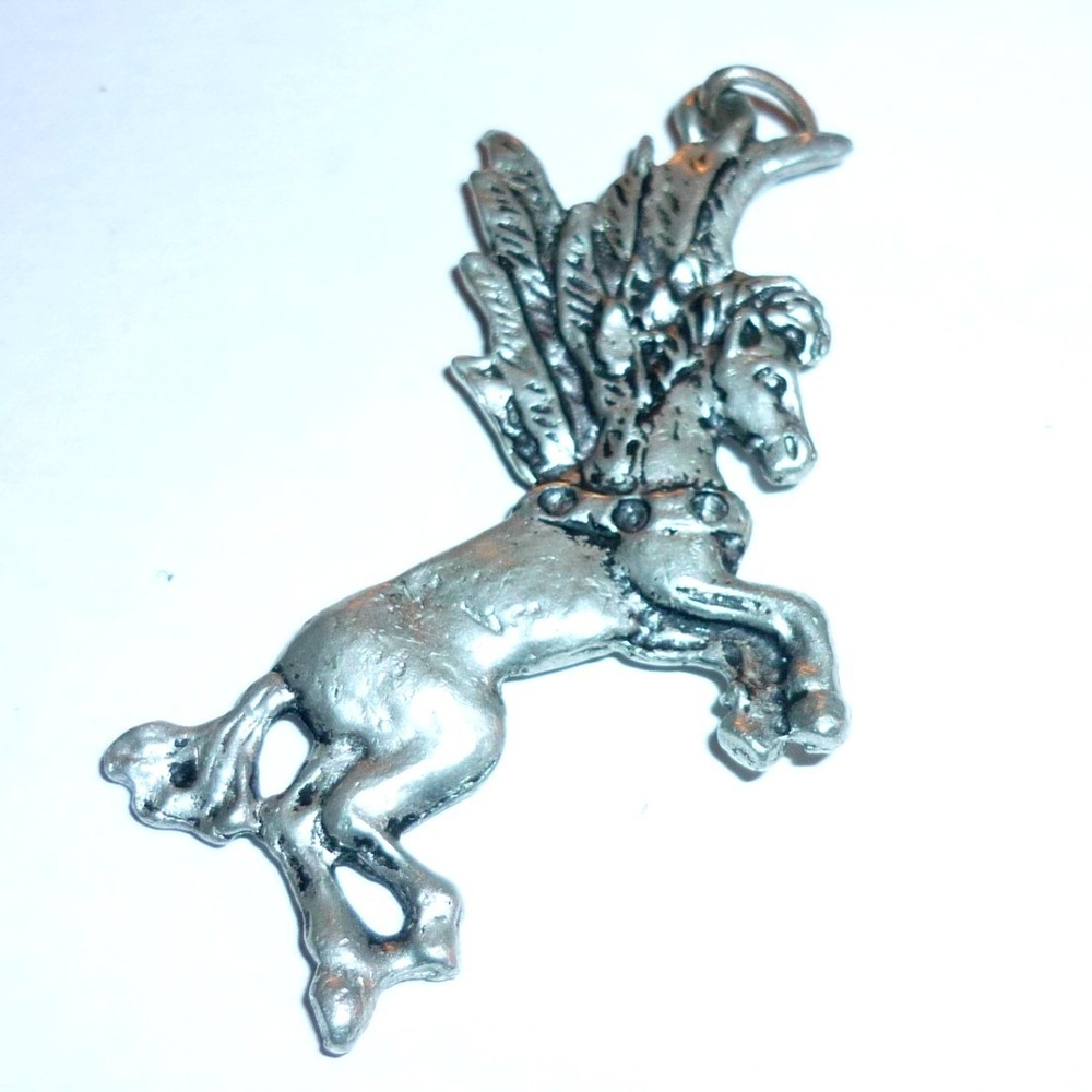 Vintage Pewter Pegasus Winged Horse Pendant Charm Silver Tone Mythical Jewelry